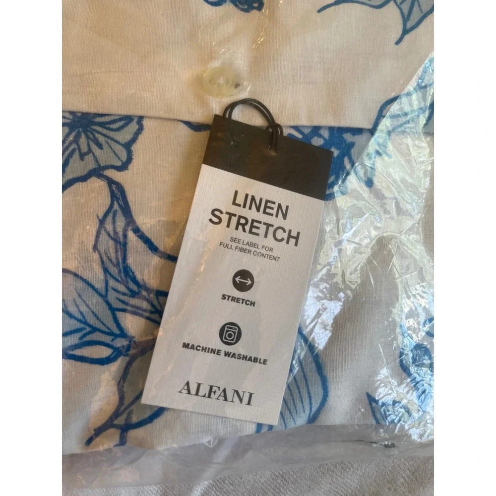 Alfani Mens XL Linen Blend Stretch Blue White Floral Button Down Shirt Classic